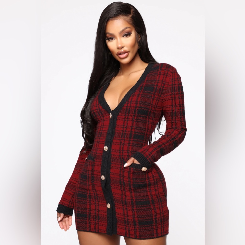 Fashion Nova Power Hour Plaid Sweater Mini Dress Red Black Size Large